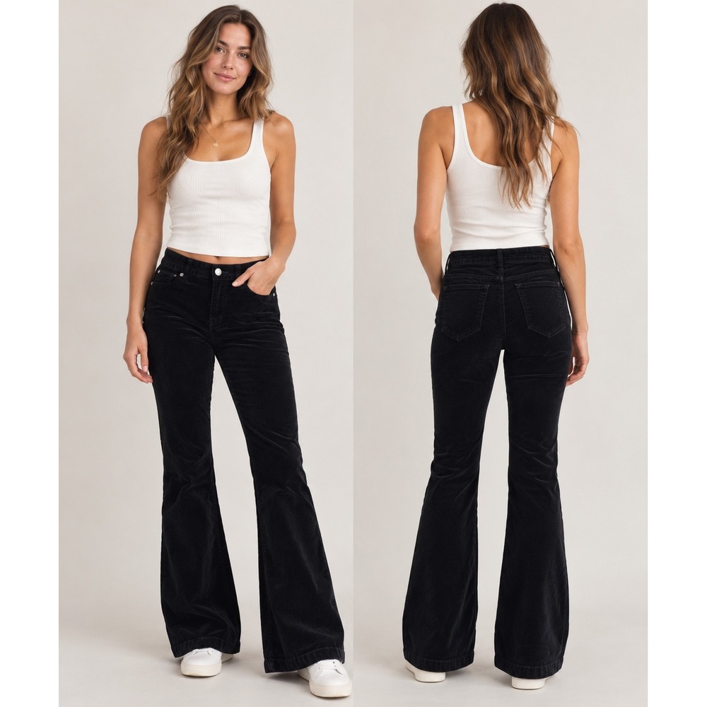 Michael Kors Womens Black Velvet Flare Pants Mid Rise Corduroy Trousers Size 4